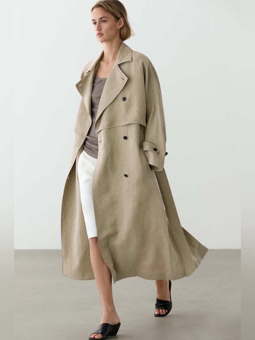 Massimo Dutti Linen Blend Trench Coat Notched Lapel Collar w Belt Detail Large